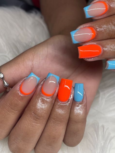 Blue Pink And Orange Nails, Blue And Orange Gel Nails, Orange And Royal Blue Nails, Acrylic Nails For Hoco, Neon Orange And Blue Nails, Light Blue And Orange Nails, Short Full Set Nails Acrylics, Classy Acrylic Nails Short, Cute Red Acrylic Nails