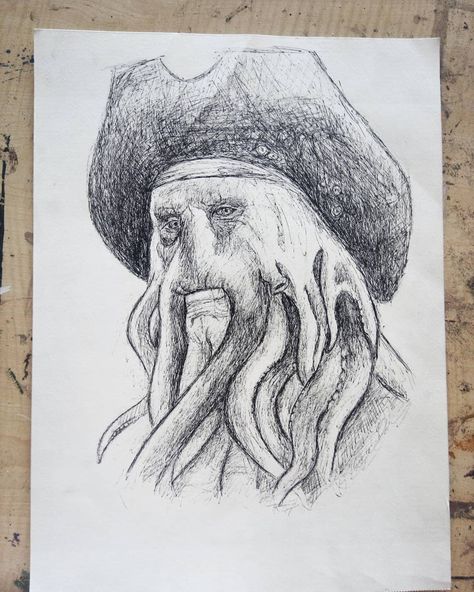 Davy Jones Pirates of The Caribbean #tattooart Davy Jones Drawing #piratesdrawing #jacksparrow Pirate Of The Caribbean Drawing, Pirates Of The Caribbean Sketches, Davy Jones Drawing, Pirates Of The Caribbean Drawings, Caribbean Drawing, Pirate Drawing, Davy Jones Pirates, October Art, Blue Wedding Bouquet