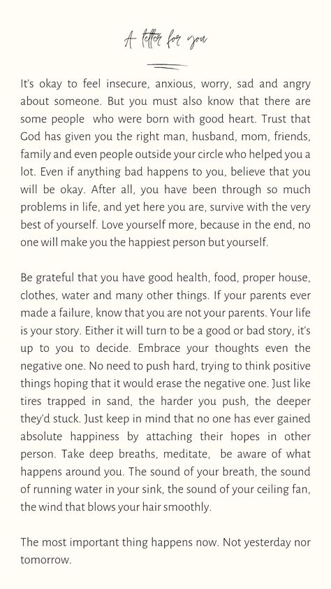 For you who overthinks a lot, you are not alone. Insecure Quote, Journal Inspiration Writing, Feeling Insecure, The Right Man, Water Me, Self Reminder, Good Heart, Slice Of Life, A Letter