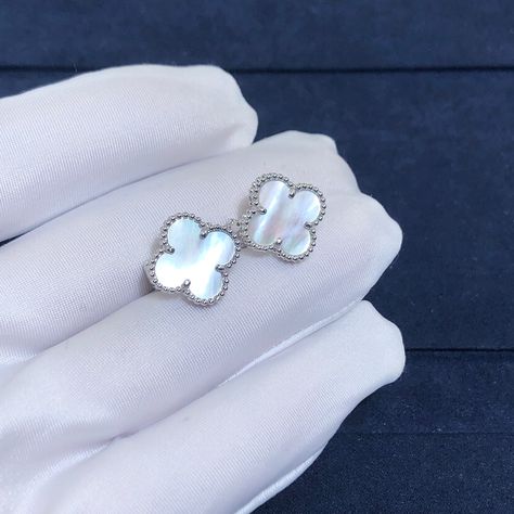 Vintage Alhambra 18K White Gold Mother -of-pearl Earrings. #vca Mother Of Pearl Earrings, Mother Of Pearl, Pearl Earrings, White Gold, Gold, White