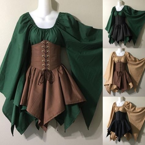 Retro Medieval Costume Woodland Wood Elf Fairy Fantasy Waist Cincher Corset Set Top and Jagged Skirts Halloween Costume Cosplay Costume | Wish Shirt Dress With Corset, Medieval Costume Women, Elven Cosplay, Era Victoria, Dress With Corset, Fest Outfits, Elf Costume, Medieval Costume, Medieval Dress