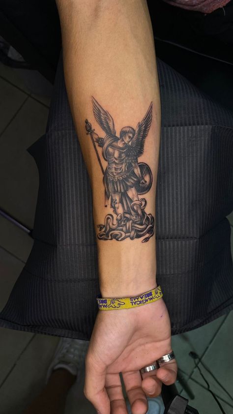 Small St Michael Tattoo, Gabriel The Angel Tattoo, Arhangel Mihail Tattoo, Saint Michael Tattoo Forearm, Arc Angle Michael Tattoo, Jesus Forearm Tattoo, Cloud Tattoo Sleeve, St Michael Tattoo, Saint Tattoo