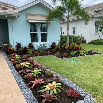 Front Lawn Landscape Ideas Tropical, Zeroscaping Front Yard Florida, Tropical Front Yard Landscaping Ideas, Small Front Yard Landscaping Ideas With Palm Trees, Front Yard Landscaping Design Florida, Property Line Ideas Front Yards, Tropical Driveway Landscaping, Landscaping Around Lanai, Front Yard Landscaping South Florida