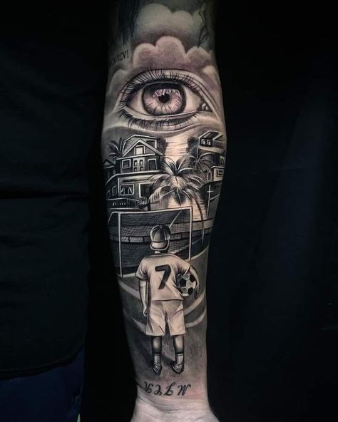 Sports Sleeve Tattoo, Football Tattoo Sleeve, Football Tatoos Ideas, Soccer Field Tattoo, Soccer Leg Tattoo, Soccer Tattoos For Men Leg, Football Tattoo Ideas For Men Leg, Sports Tattoos For Men Ideas, Soccer Tattoos Ideas