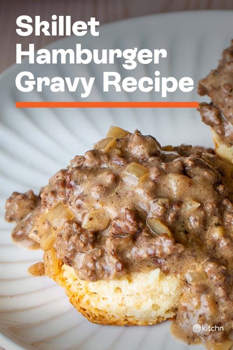 Hamburger gravy is a cozy, warm blanket of a meal. Any version of tender meat simmered in a flavorful gravy and poured over a carb is total comfort food in my book. This version makes use of that ubiquitous pound of ground beef that always seems to be in the fridge, waiting to become dinner. #comfortfood #gravy #gravyrecipe #hamburgergravy #hamburgers #hamburgerrecipes #hamburger Hamburger Gravy Over Biscuits, Hamburger Gravy Recipe, Classic Hamburger, Hamburger Steak And Gravy, Hamburger Gravy, Work Food, Country Fried, Tender Meat, Waffle Fries