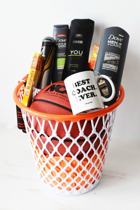 Basketball Raffle Basket Ideas, Basketball Coach Gift Basket, Basketball Basket Gift Ideas, Basketball Coach Gift Ideas, Coach Gifts Basketball, Senior Basket, Basketball Senior Night Gifts, Coach Gift Ideas, Coaches Gifts