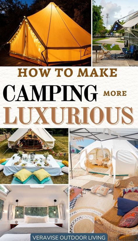 How To Make Camping More Luxurious Camping Fairy Lights, Camping Tent Decorating Ideas, Campsite Lighting Ideas, Glamping Ideas Rv Camping, Tent Decorations Camping, Cozy Camping Tent, Fancy Camping, Campsite Lighting, Campsite Setup