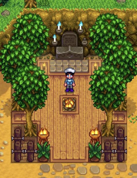 Stardew Valley Grandpas Shrine, Grandpas Grave Stardew Valley, Sdv Grandpa Shrine, Stardew Valley Fruit Bat Cave Ideas, Stardew Valley Grandpa Shrine Ideas, Stardew Valley Stable Ideas, Standard Farm Stardew Valley Layout, Grandpa Shrine Stardew, Stardew Valley House Exterior No Mods