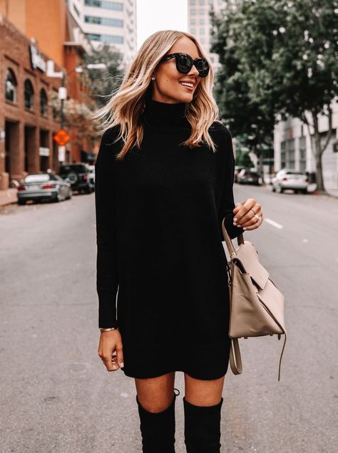 black sweater dress Black Jumper Dress Outfit, Dress With Belt Outfit, Fall Outfits Women Black Woman, Black Sweater Dress Outfit, Sweater Dress With Belt, Jumper Dress Outfit, Fall Clothing Essentials, Black Sweater Outfit, Black Fall Outfits