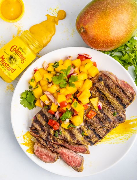 Mustard Grilled Steak with Mango Salsa Tuna Steak With Mango Salsa, Mango Salsa Canning Recipe, Dinner With Mango Salsa, Blackened Salmon With Mango Salsa, Grilled Salmon With Mango Salsa, Swordfish With Mango Salsa, Peppadew Peppers, Mango Salsa Salmon, Lamb Steaks