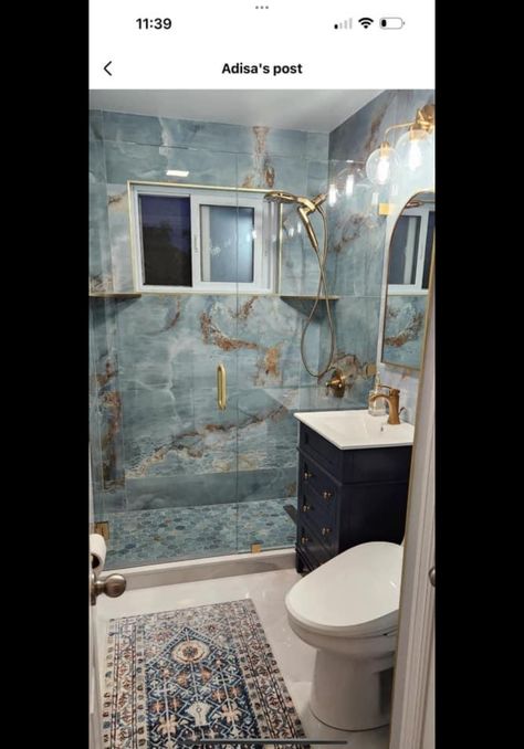 Light Blue And Gold Bathroom, Gold Bathroom, Bathroom Remodeling, Brown Gold, Bathroom Remodel, Blue Brown, Bathrooms Remodel, Bathroom Design, Tile