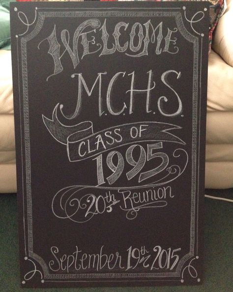 Chalkboard art class reunion Class Reunion Ideas Activities, Class Reunion Chalkboard Signs, Class Of 1998 Reunion Ideas, Class Of 1973 50th Reunion, Class Of 1988 Reunion, 2003 High School Reunion, Class Reunion Planning, 50th Class Reunion Ideas, Reunion Centerpieces