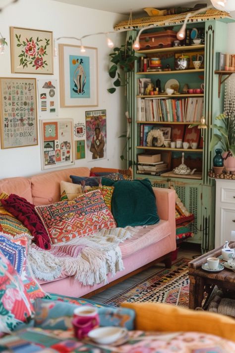 Bohemian Bliss: Style Your Living Room with Colorful Textures and Eclectic Decor Green Living Room Eclectic, Pink Sofa Living Room Ideas Bohemian, Colourful Cozy Living Room, Bright Eclectic Living Room, Living Room Inspo Colorful, Eclectic Grandma Decor, Yarn Room Ideas, Colorful Small Living Room, Colorful Cozy Living Room