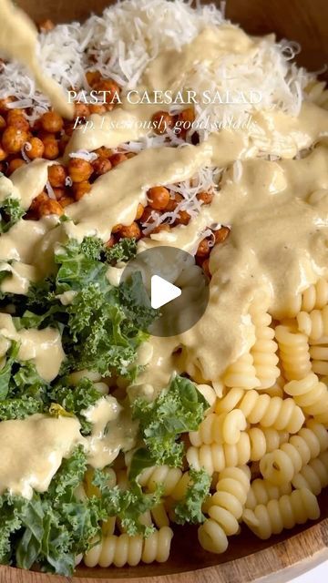 Healthy Eating | Real Food Recipes on Instagram: "Save this for later 🤤👇🏽  🎥 by: @choosingchia   Kale Pasta Caesar Salad with crispy chickpeas and a creamy caesar dressing🤌🏻.   Feel free to customize this Salad any way you like by adding some veggies, grilled chicken etc.   Crispy smoked chickpeas * 1 can chickpeas (15 oz) * 1 tbsp olive oil * 1/2 tsp smoked paprika  * 1/4 tsp sea salt  Caesar dressing (vegan friendly! And promise it tastes just as good!!)  * 2 tbsp olive oil * 4 tbsp lemon juice * 2 tbsp tahini * 1 tbsp dijon mustard * 1 garlic clove * 1 tsp nutritional yeast * 1/4 tsp salt * 1/4 tsp pepper * 4 tbsp water  Salad *8oz pasta *1/3 cup parmesan cheese  *Shredded kale (about 5 cups chopped)  Instructions:  Crispy smoked chickpeas  Preheat the oven to 375 degrees F. Drain Pasta Caesar Salad, Chickpea Cesar, Ceasar Kale Pasta Salad, Kale Pasta Caesar Salad, Chickpea Caesar Pasta Salad, Crispy Chickpea Caesar Salad, Healthy Kale Caesar Salad, Kale Pasta Ceaser Salad, Kale Pasta Salad