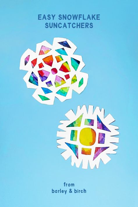 Add some colorful wintry sparkle to your windows this holiday season with this lovely (and super simple!) snowflake suncatcher craft project for kids. | from barley & birch Winter Sun Catchers For Kids, Snowflake Window Art, Winter Art Project, Snowflake Suncatcher, Easy Holiday Decorations, Easy Snowflake, Christmas Paper Craft, Cardboard Christmas Tree, How To Make Snowflakes