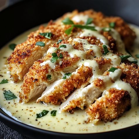 Parmesan Crusted Chicken with Alfredo - Simply Recipes - Fewer Worries, More Delight Creamy Parmesan Crusted Chicken, Recipes That Use Alfredo Sauce, Chicken Parmesan With Alfredo Sauce, Indulgent Dinner, Light Dinner Ideas, Gallagher Family, Chicken White Sauce, Alfredo Chicken, Cream Sauce For Chicken