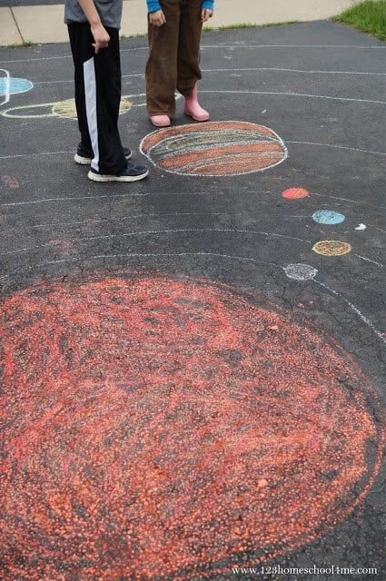 EPIC solar system project for kids that is easy to make by drawing the milk way galaxy, sun, planets, moon, asteroid belt and more with chalk on the driveway. Cute game idea for memorization too! Animal Classification For Kids, Solar System Games, Solar System Lessons, Constellation Activities, Solar System Project, Sun Solar System, Astronomy Activity, Solar System Projects For Kids, Solar System Unit