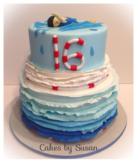 Swimming themed cake Lifeguard Cake, Swim Cake, Swimming Cake, Boat Cake, Pool Party Cakes, Pool Cake, 12th Birthday Cake, Pool Party Kids, Sweet 16 Cakes