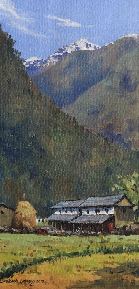 #acrylic #landscape #painting #pokhara #nepal #typical #nepali #house #mountain #hills #akash #gurung #art Nepal Village House, Nepali Landscape Painting, Nepal Landscape Painting, Nepali Art Paintings, Nepal Art Painting, Land Scape Paintings Acrylics, Nepali Drawing, Pokhara Nepal Photography, Nepali Wallpaper