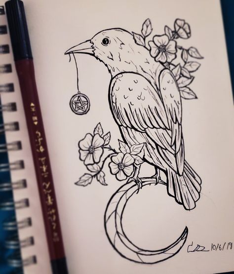 Crow And Crystal Tattoo, Wiccan Art Drawing, Witchy Raven Tattoo Ideas, Witchy Bird Tattoo, Witchy Flowers Drawing, Pentacle Drawing, Pagan Drawings, Witchcraft Art Drawing, Witchy Sketchbook