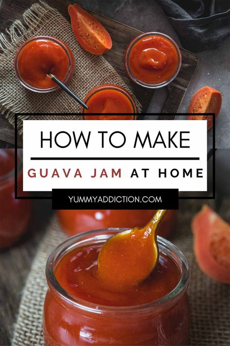 Sweet and tropical guava jam is a delicious way to preserve fresh guava flavor to enjoy as a condiment or spread. This easy stovetop recipe will yield 6 beautiful jars of jam for you to enjoy and share. #guava #condiment #jam #homemade #tropical Strawberry Guava Jam, Guava Butter Recipe, Guava Syrup Recipe, Guava Sauce Recipe, Guava Jelly Recipe, Guava Jam Recipe Without Pectin, Guava Scones, Strawberry Guava Recipes, Guava Preserves Recipe