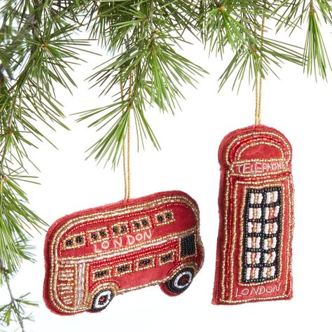 Beaded Velvet London Icon Ornaments Set of 2 - World Market 90s Drinks, London Ornaments, Character Ornaments, Holiday Baubles, Wool Applique Quilts, Christmas Fair Ideas, London Icons, Embroidery Ornaments, Holiday World