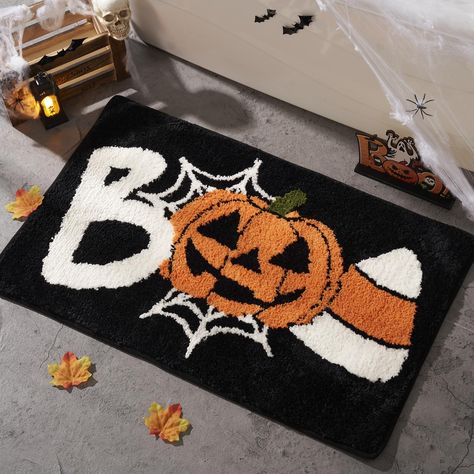 PRICES MAY VARY. Spooky Halloween Bathroom Decor: Ever wondered how to make your home truly stand out this Halloween? Our BOO bath mat, with its perfectly blended festive elements, is the answer! It’s the ideal way to infuse every corner of your home with spooky charm a fun and eerie atmosphere. Versatile Fall Decor for Every Space: Whether it's your bathroom, kitchen, entryway, or even the kids' room, our Halloween bathroom rugs are designed to enhance the festive spirit in any space. Their ver Halloween Rugs Ideas, Halloween Rugs Diy, Spooky Doormat, Spooky Door, Halloween Rugs, Bathroom Decor Black, Halloween Canvas Paintings, Halloween Rug, Halloween Bathroom Decor