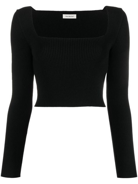 ribbed cropped top from There Was One featuring black, stretch-design, ribbed knit, square neck, long sleeves and cropped.