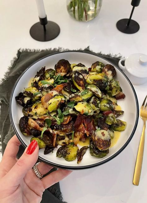 Honey Dijon Brussel Sprouts - Olivia Adriance Dijon Brussel Sprouts, Honey Dijon Dressing, Crispy Brussel Sprouts, Paleo Sides, Honey Dijon, Thick Cut Bacon, Crushed Red Pepper, Crushed Red Pepper Flakes, Red Pepper Flakes