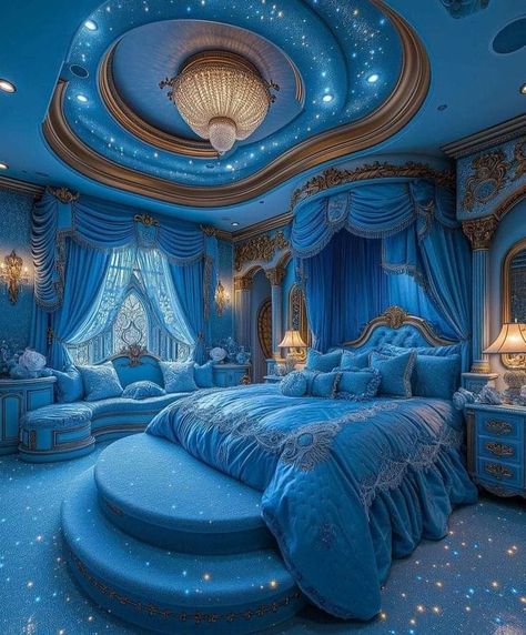 Aquamarine Bedroom, Blue And Cream Bedroom, Royal Bedroom, Amazing Bedroom Designs, Dream Bedroom Inspiration, Fantasy Bedroom, Art Deco Bedroom, Fantasy Rooms, Perfect Bedroom