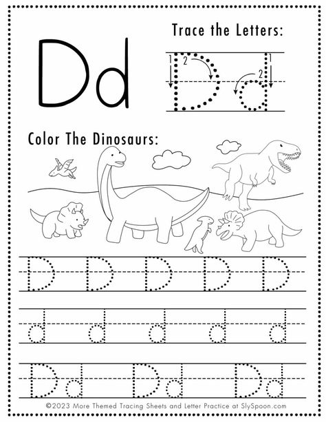 D Tracing Worksheet, Letter D Tracing, D Worksheet, Tracing Letters Preschool, Letter Tracing Printables, Letter D Worksheet, Letter D Crafts, Dinosaur Theme Preschool, Free Printable Alphabet Worksheets