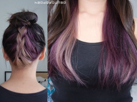 All The Shades of Purple // New Hair Color! | haodoyoungo Chunk Highlights, Purple Peekaboo Highlights, Under Hair Color, Hidden Hair Color, Peekaboo Hair Colors, Underlights Hair, Hair Color Underneath, Peekaboo Hair, Vidal Sassoon