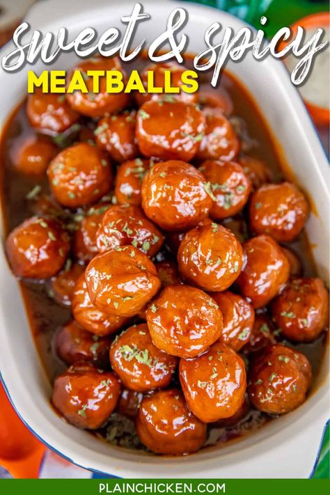 Sweet & Spicy Meatballs - only 4 ingredients! A little sweet, a little spicy, a whole lotta good! They taste great dipped in a little Ranch dressing. Frozen meatballs, brown sugar, buffalo sauce, and butter. Ready to eat in 20 minutes. Can also slow cook in the crockpot. Great for tailgating, potlucks, and holiday parties! #appetizer #partyfood #tailgating #meatballs #gameday March Madness Party Food, Sweet And Spicy Meatballs, Thanksgiving Turkey Recipes, Thanksgiving Appetizers Easy, Spicy Meatballs, Frozen French Fries, Crock Pot Meatballs, Plain Chicken, Frozen Meatballs