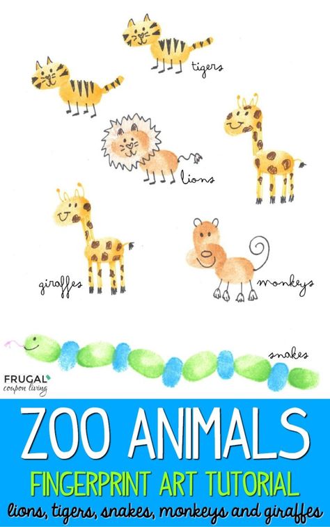 Make your own Zoo Animals Fingerprint Art with these step by step directions. Lions, Tigers, Snakes, Monkeys, and Giraffe step by step thumbprint art tutorials. #FrugalCouponLiving #fingerprintart #zooanimals #animals #animalfingerprintart #fingerprintcrafts #zoofringerprintcrafts #zoofingerprintart #fingerprints #inkart #handprintcrafts #handprintart #craftsforkids Thumbprint Art, Fingerprint Crafts, Fingerprint Art, Halloween Paper Crafts, Finger Art, Handprint Crafts, Handprint Art, Finger Painting, Paper Crafts For Kids