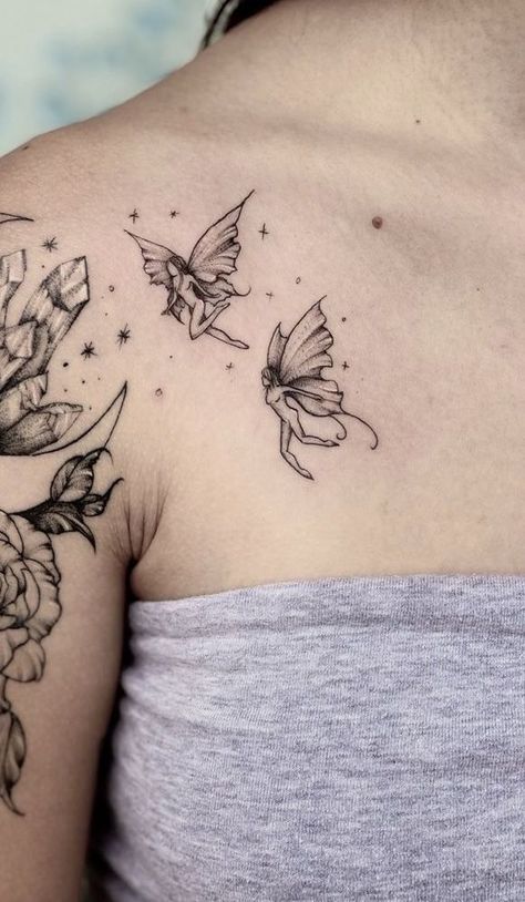 Twin Fairy Tattoos, Cool Fairy Tattoos, Emo Fairy Tattoo, Fairy With Butterfly Wings Tattoo, Fairy Tattoo Shoulder, Flying Fairy Tattoo, Fairy Floral Tattoo, Fairy Chest Tattoo, Whimsical Fairy Tattoo