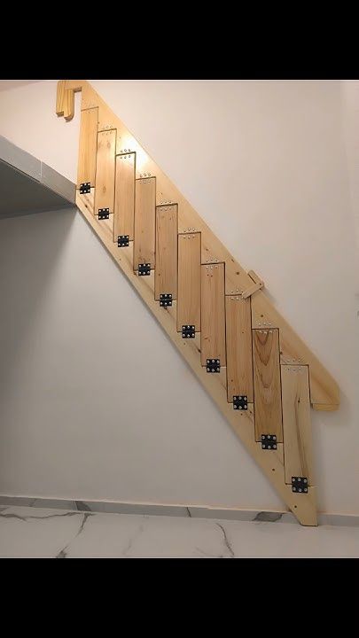 Stairs For Shed Loft, Stairs That Fold Against The Wall, Creative Stairs For Small Spaces, Folding Steps Staircase, Diy Steps Indoor, Foldable Stairs Space Saving, Side Folding Stairs, Garage Attic Stairs, Attic Steps Ideas