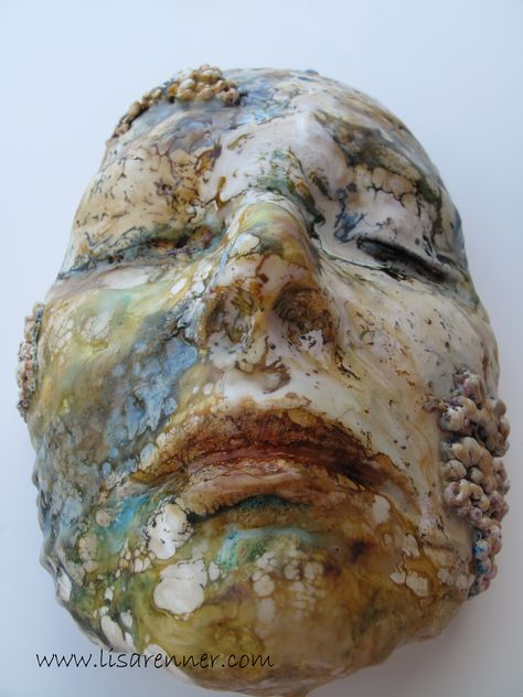 Lisa Renner's face in plaster: once the process was complete she applied encaustic over the surface, incorporating a shellac-burn to render the finished result. Encaustic Sculpture, Decay Art, Wax Sculpture, Encaustic Mixed Media, Ceramic Mask, Wax Art, Plaster Sculpture, Encaustic Art, Encaustic Painting