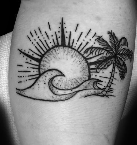 Sun & waves with Palm Tree tattoo design . Process healing next day.   #tattoo #wavetattoo #sun #tattooideas #tattoosforwomen #palmtrees #ink #palmtrees #tattoodesigns Water And Sun Tattoo Ideas, Wave And Palm Tree Tattoo, Sunset Beach Tattoo, Sunset Tattoos For Women, Sun And Waves Tattoo, Beach Tattoo For Men, Mini Tattoo Designs, Palm Tree Tattoos, Niece Tattoo