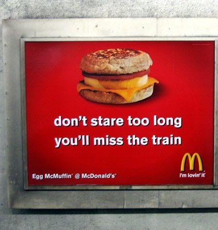 The following advertisement is an example of bandwagon propaganda. Bandwagon Propaganda being persuading everyone to want to join in on a certain product,feeling,etc.. The ad is persuading you to join in like everyone else and eat Mc'Donald's Egg McMuffins before it's to late. This ad influences you to go get yourself an egg mcmuffin so you will not be the outcast. Name Calling Propaganda Example, Mcdonalds Advertisement, Burger Advertising, Train Advertising, Brand Examples, Baked Fish Fillet, Egg Mcmuffin, Cheesy Rice, Cauliflower Gratin