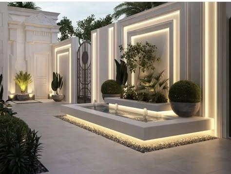 Privacy Wall Water Feature, Classic Yard Design, Villa Garden Design Landscaping, Villa Entrance Landscape, Elegant Mansion Exterior, Outside Wall Design, Wall Garden Design, Boundary Wall Design Exterior, Modern Garden Wall Design