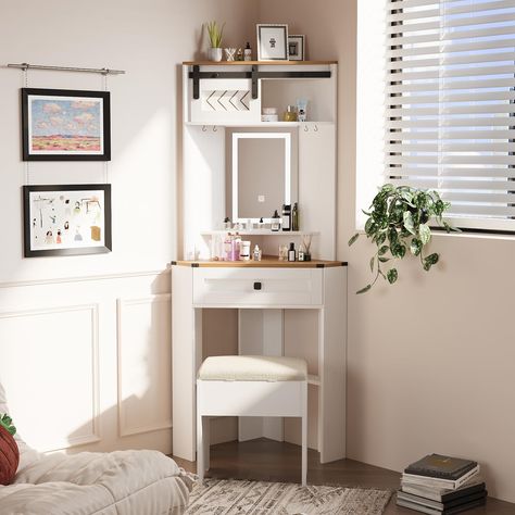 PRICES MAY VARY. 【Small but Large Capacity】: This white dressing table with barn door comes with one drawer and 6 hooks, a storage vanity stool, providing ample storage space. 【Storage Stool】： Our mini white makeup vanity with drawers and chair for the bedroom comes with a storage stool with flip-top storage function and is made of high-density foam to ensure you are more comfortable while sitting. 【Barn Door Design】: There is a movable barn door design on our compact makeup vanity desk with mir Cubby Vanity Ideas, Vanity Small Room, Mini Makeup Table, Compact Vanity Table, Makeup Table Ideas Organizations, Mini Makeup Vanity, Small Desk Vanity, Simple Makeup Vanity, Small Vanity Desk With Mirror