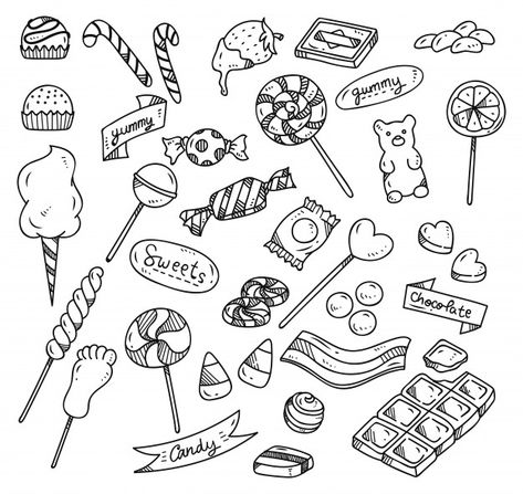 Set of candy doodle Premium Vector | Premium Vector #Freepik #vector #food Candy Drawing Cute, 2d Art Ideas, Drawing Of Candy, Sweets Doodles, Doodle Candy, Candy Tattoo Ideas, Zodiac Doodles, Dessert Doodles, Candy Doodles