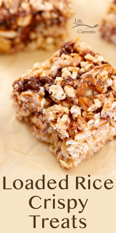 These Loaded Rice Crispy Treats are the perfect sweet and salty combination - They’re totally loaded with goodies like crunchy salty pretzels, salted peanuts, sweet toffee bits, and lots of sweet melty chocolate. Loaded Rice Crispy Treats, Sweet Salty Desserts, Small Batch Rice Crispy Treats, Coconut Rice Crispy Treats, Fall Rice Crispy Treats Ideas, Rice Crispy Treats Decorated, Rice Crispy Treats Ideas, Loaded Rice, Rice Krispie Treats Variations