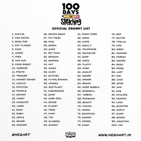 The official Prompt list for '100 Days of Sketching' starting MAY 1st. And the video for this launches tommorow at 5 PM IST.on my YouTube… Day Art Challenge, 30 Day Art Challenge, Art Journal Challenge, 30 Day Drawing Challenge, Prompt List, 30 Day Challenges, Drawing Challenges, Journal Challenge, Art Journal Prompts