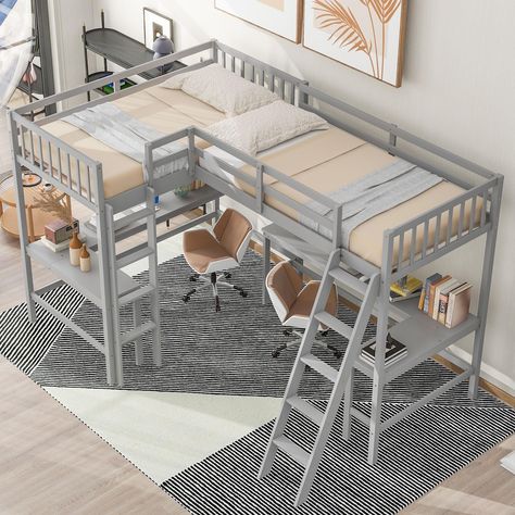 PRICES MAY VARY. [Built-in Desk] The loft bed has 2 built-in desks where you can work or study. There is plenty of space under the bed for storage or to create a study or play area. [2 Beds in 1] This L-shaped loft bed features two twin-size beds that can accommodate 2 family members or overnight guests. [Solid Construction] Made of high-quality solid pine and MDF, it is stable and durable. Supported by wooden slats, no spring box is required. [No Box Spring Required] The wood slats support the Corner Loft Beds, Bed With Desk Underneath, Double Loft Beds, Sisters Room, Corner Loft, Bed With Ladder, Gaming Area, Bunk Bed With Desk, Kids Shared Bedroom