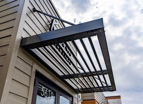 Aluminum Window Awnings, Metal Awnings For Windows, Awning Over Door, Front Door Awning, Contemporary Lodge, Aluminum Awnings, Metal Awning, Window Canopy, Outdoor Living Space Design