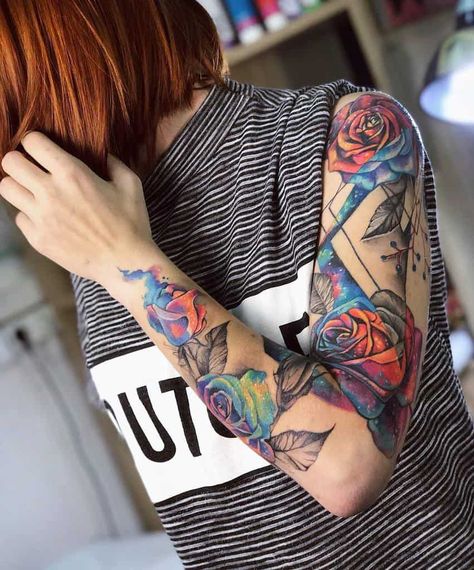 Colourful Sleeve Tattoo For Women, Full Sleeve Tattoos Women Color, Colorful Womens Tattoos, Half Sleeve Color Tattoos For Women, Sleeve Tattoos Colorful, Cool Sleeve Tattoo Woman, Colored Sleeve Tattoo, Color Sleeve Tattoos, Tattoo Sleeve Women Color