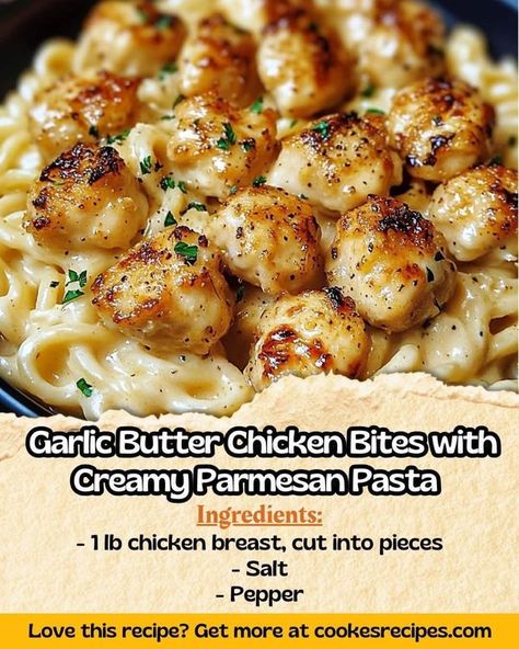 Esay family recipes | 🍗 Garlic Butter Chicken Bites with Creamy Parmesan Pasta 🍝 | Facebook Knorr Creamy Garlic Shells Recipes, Parmasean Pasta, Parmesan Linguine, Creamy Parmesan Pasta, Daily Yum, Garlic Butter Chicken Bites, Butter Chicken Bites, Pasta And Chicken, Chicken With Lemon