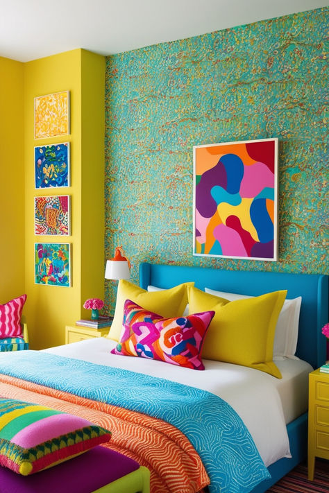 Add a splash of personality to your space with a colorful and vibrant bedroom design. Discover how to use bold colors, playful patterns, and eclectic decor to create a lively and energetic atmosphere. Transform your bedroom into a vibrant retreat that reflects your vibrant personality and style. Mexican Color Scheme, Colorful Modern Bedroom, Bold Accent Wall, Vibrant Bedroom, Bright Room Colors, Bright Accessories, Bright Bedroom, Recovery Room, Mexican Colors