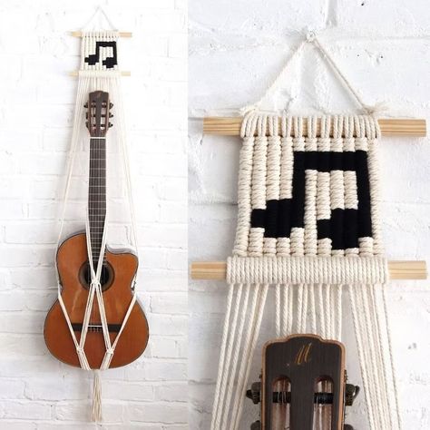 Guitar Hanger Macrame, Macrame Music Note, Macrame Guitar Hanger, Homemade Guitar, Music Note Design, Guitar Wall Mount, Guitar Holder, Guitar Wall Hanger, Guitar Stands